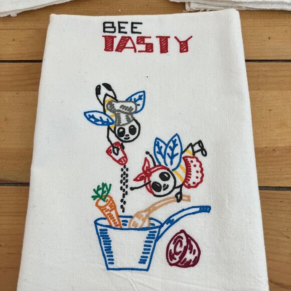 Bee Clean Helpful Tasty Kitchen Tea Towel Dish Cloth Vintage Set of 3 White - Picture 7 of 9